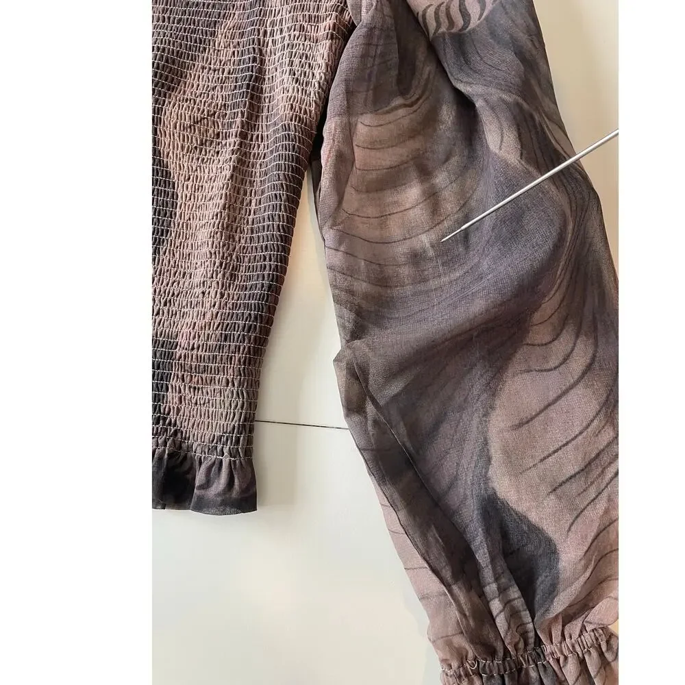 Truth By Republic NWT *FLAW* Smocked Blouse Top Sz M Sheer Long Sleeves Brown - Picture 13 of 14